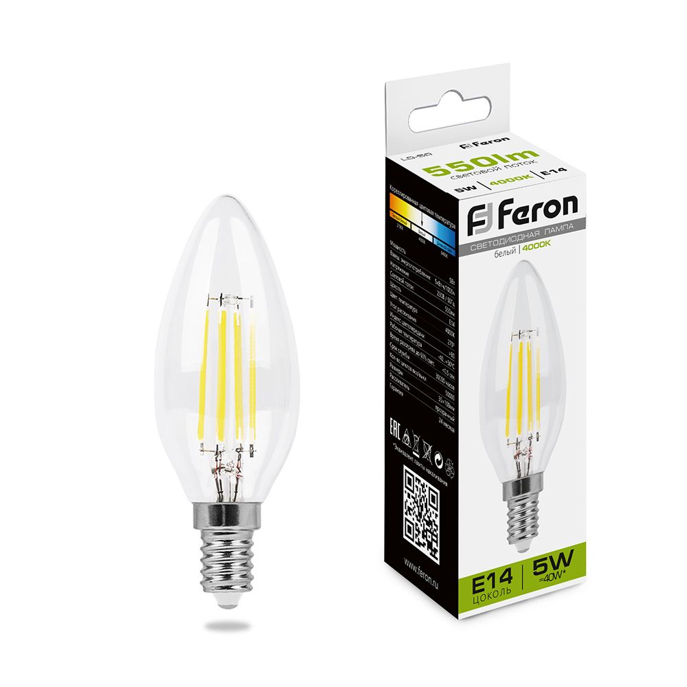 Лампа светодиодная филаментная Feron E14 5W 4000K Свеча Прозрачная LB-58 25573