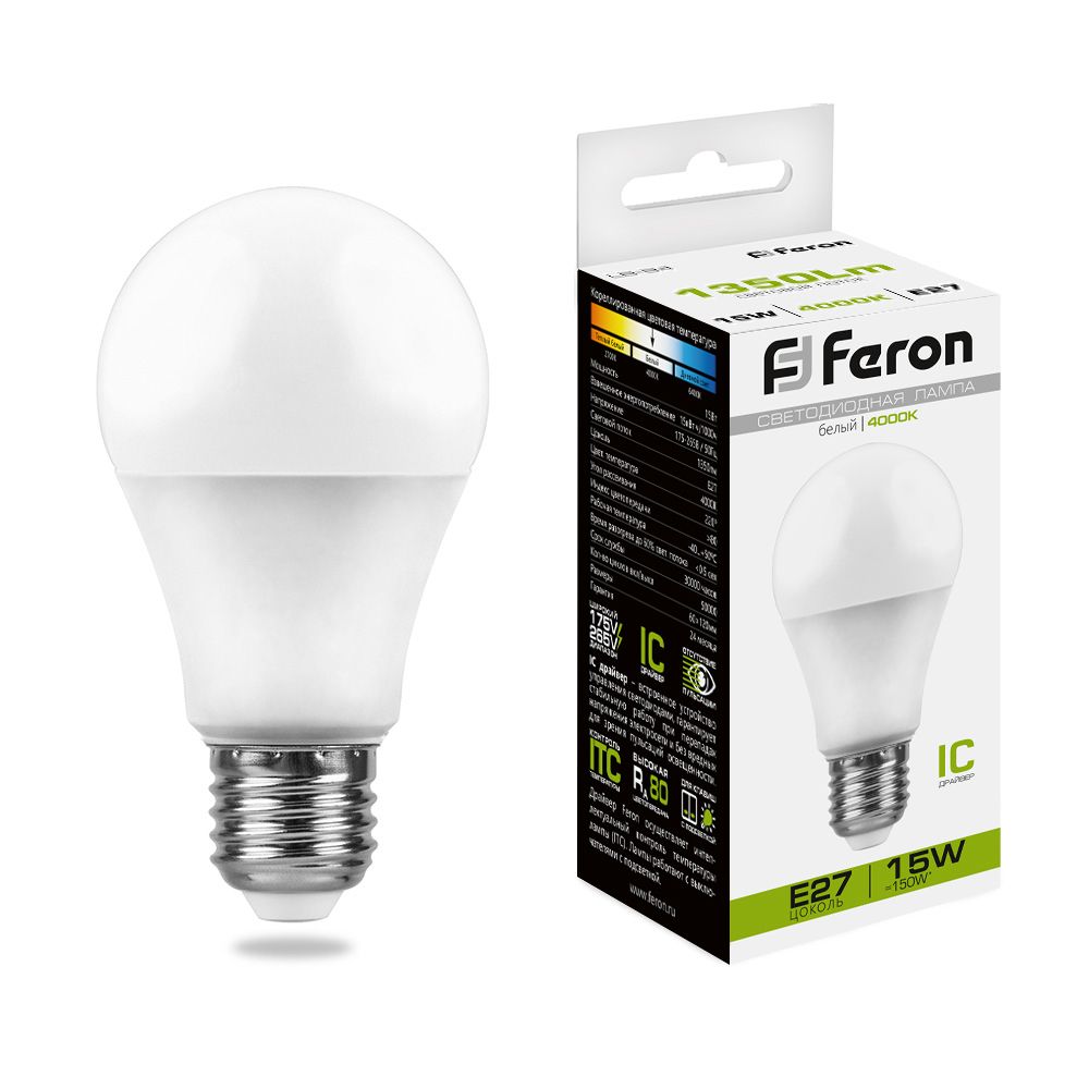 Лампа светодиодная Feron E27 15W 4000K Шар Матовая LB-94 25629