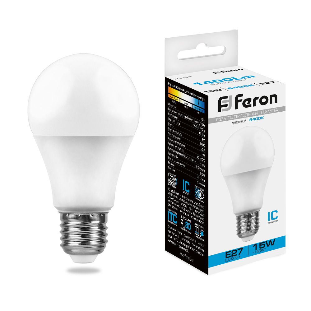 Лампа светодиодная Feron E27 15W 6400K Шар Матовая LB-94 25630