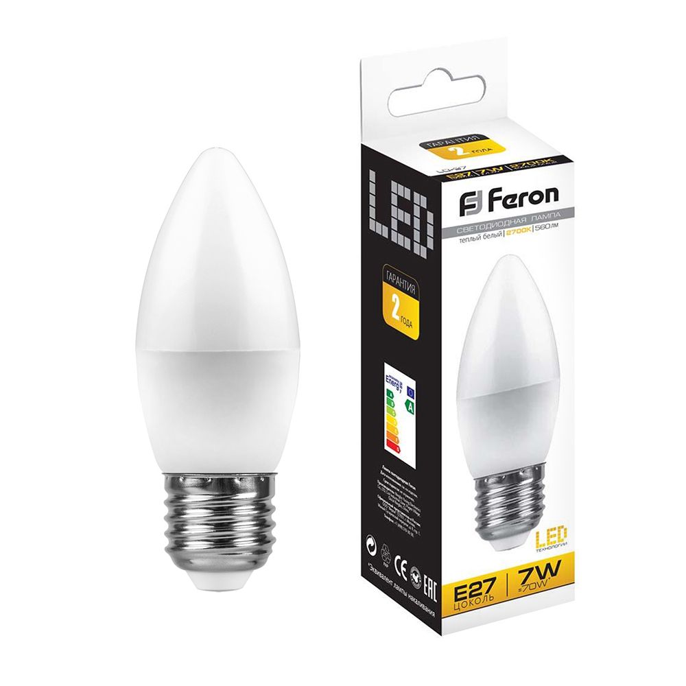 Лампа светодиодная Feron E27 7W 2700K Свеча Матовая LB-97 25758