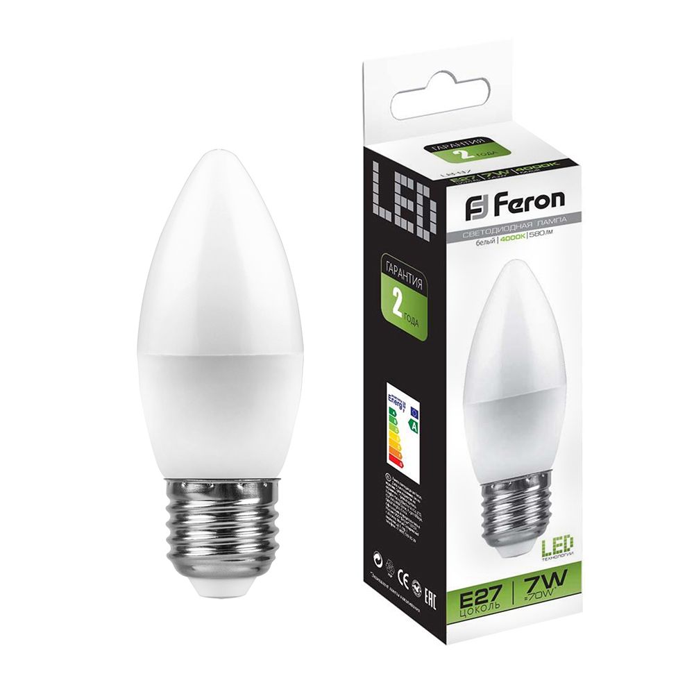 Лампа светодиодная Feron E27 7W 4000K Свеча Матовая LB-97 25759