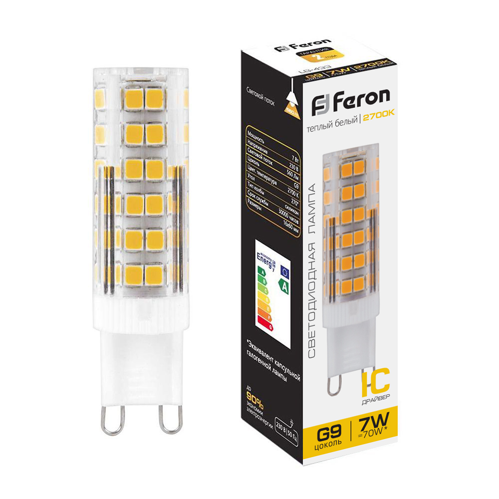 Лампа светодиодная Feron G9 7W 2700K прозрачная LB-433 25766