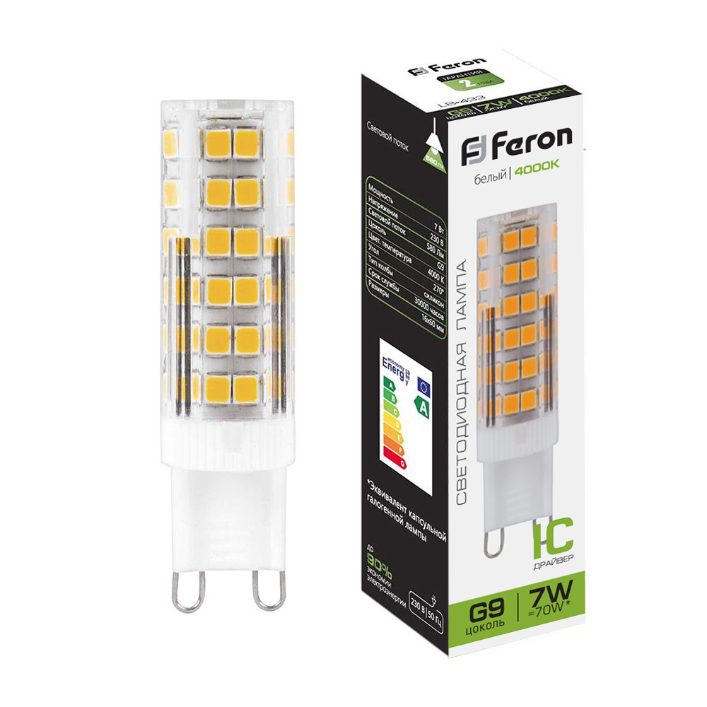 Лампа светодиодная Feron G9 7W 4000K прозрачная LB-433 25767