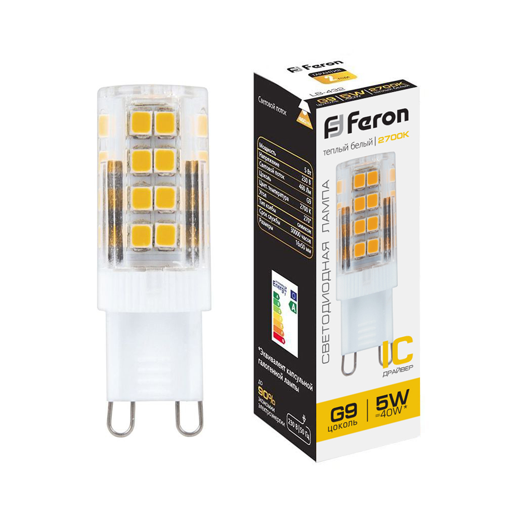 Лампа светодиодная Feron G9 5W 2700K прозрачная LB-432 25769