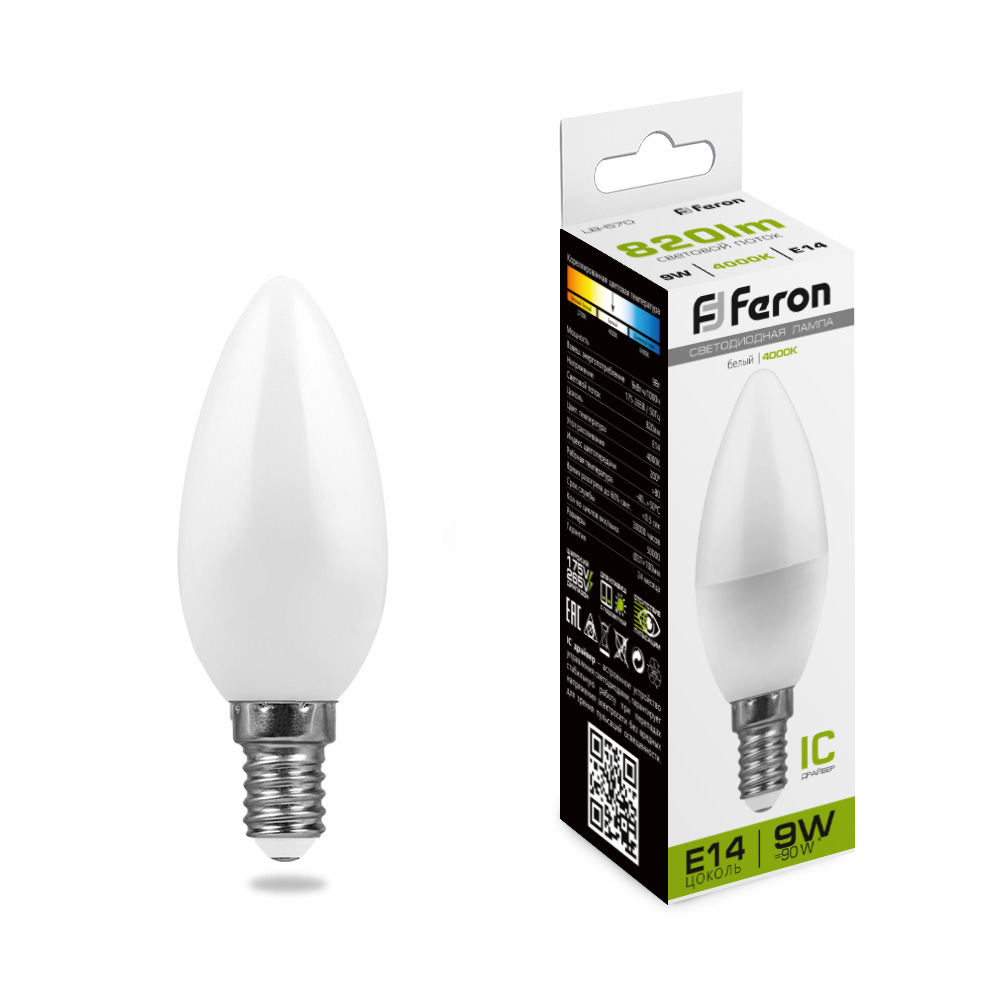 Лампа светодиодная Feron E14 9W 4000K Свеча Матовая LB-570 25799