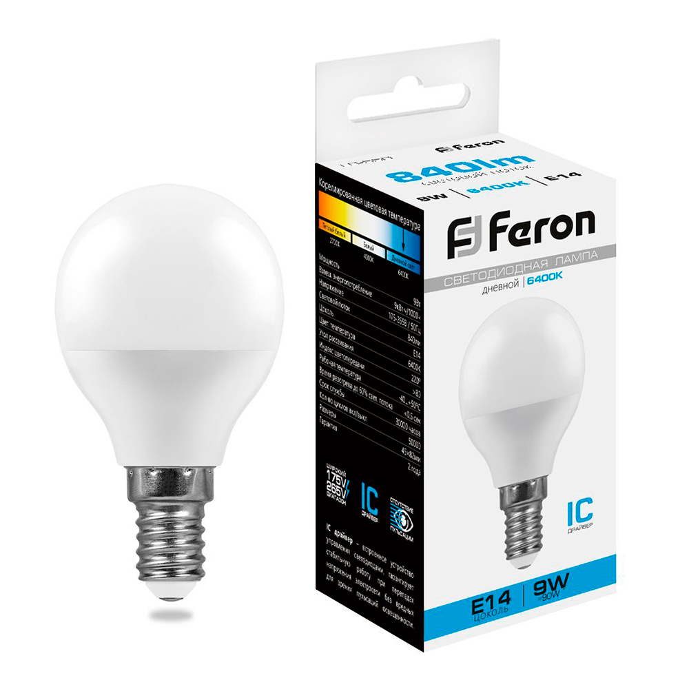 Лампа светодиодная Feron E14 9W 6400K Шар Матовая LB-550 25803