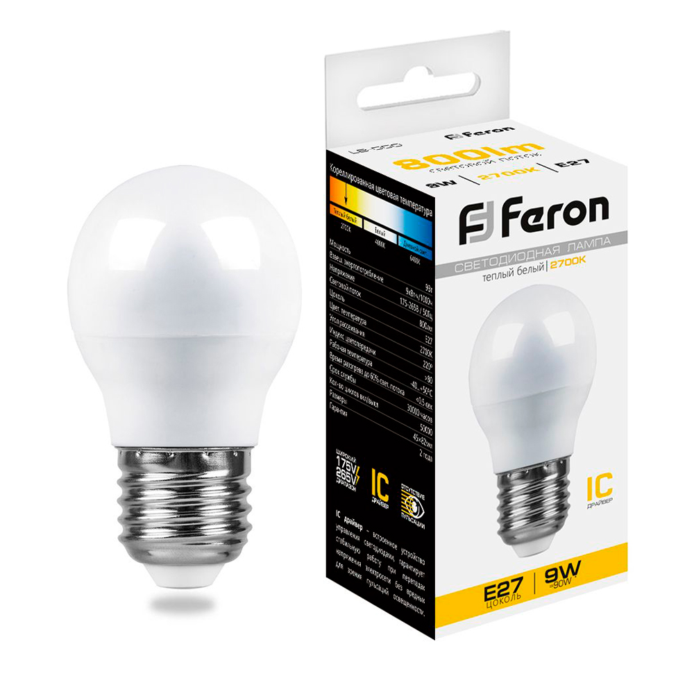 Лампа светодиодная Feron E27 9W 2700К Шар Матовая LB-550 25804