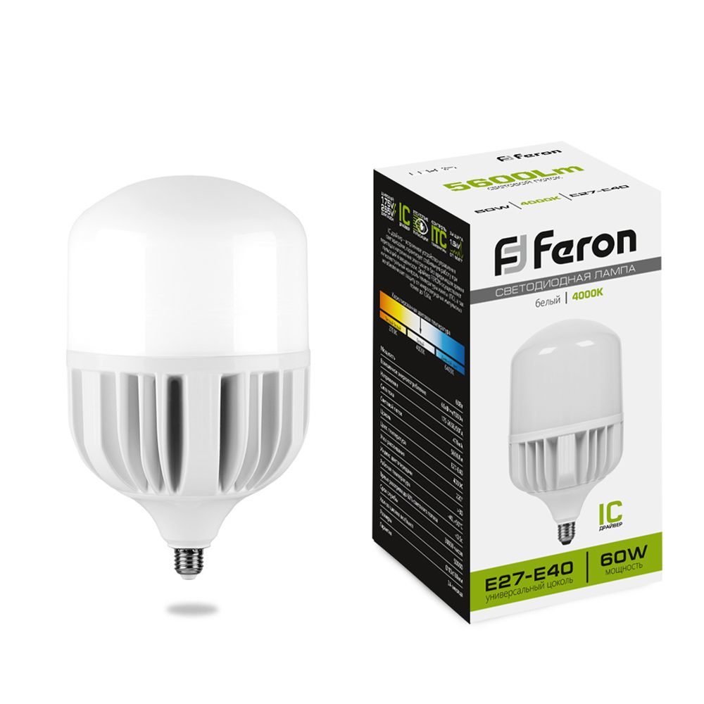 Лампа светодиодная Feron E27-E40 60W 4000K Цилиндр Матовая LB-65 25821 купить с доставкой по РФ