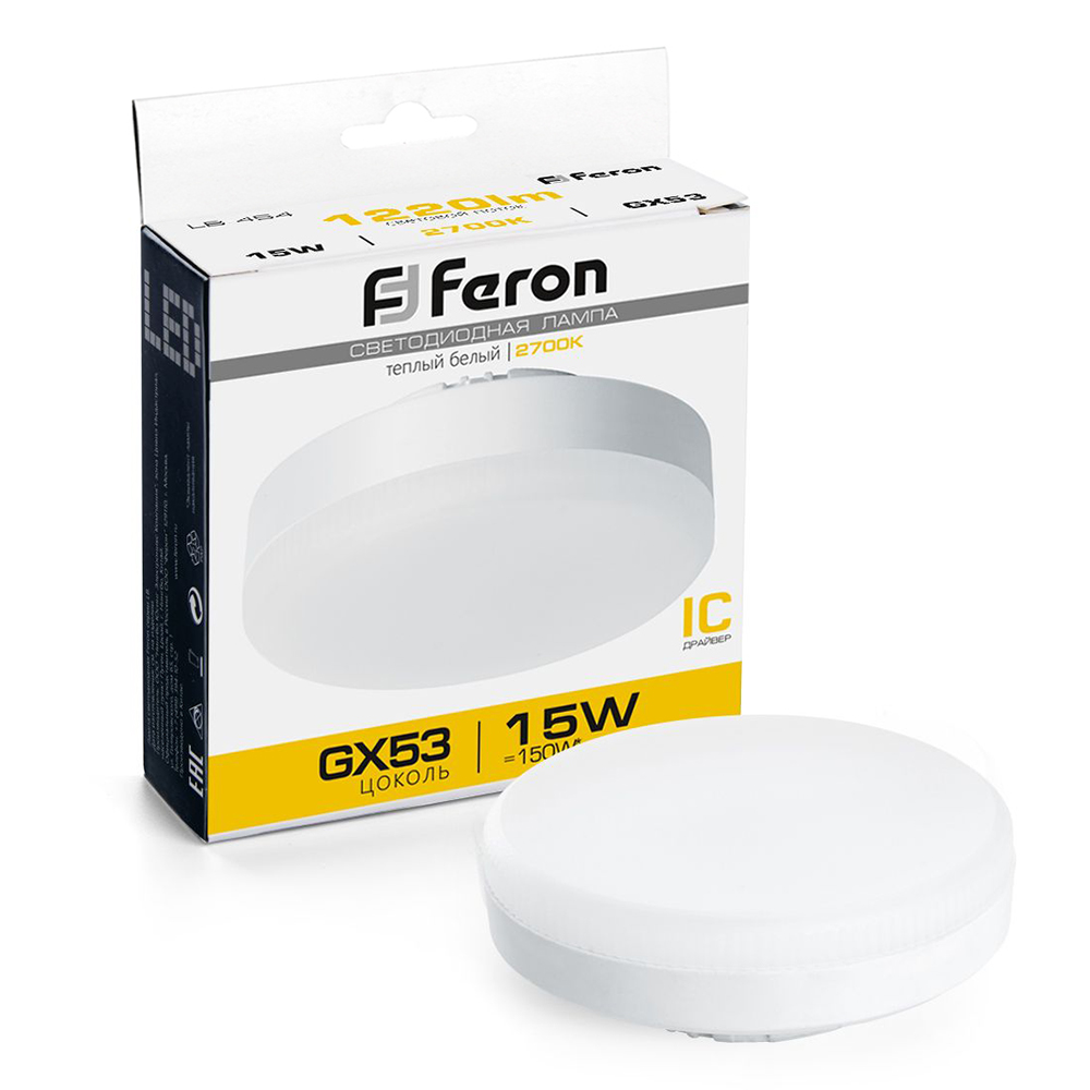 Лампа светодиодная Feron GX53 15W 2700K Таблетка Матовая LB-454 25834