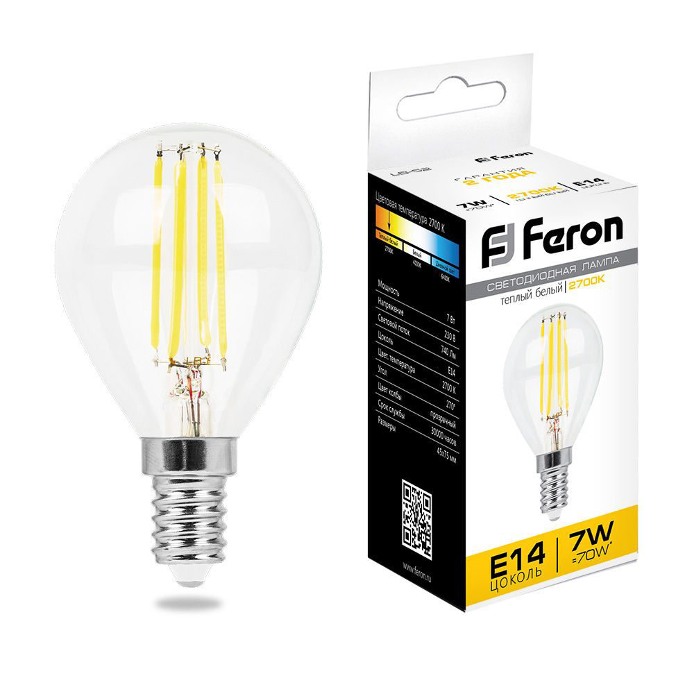 Лампа светодиодная филаментная Feron E14 7W 2700K Шар Прозрачная LB-52 25874