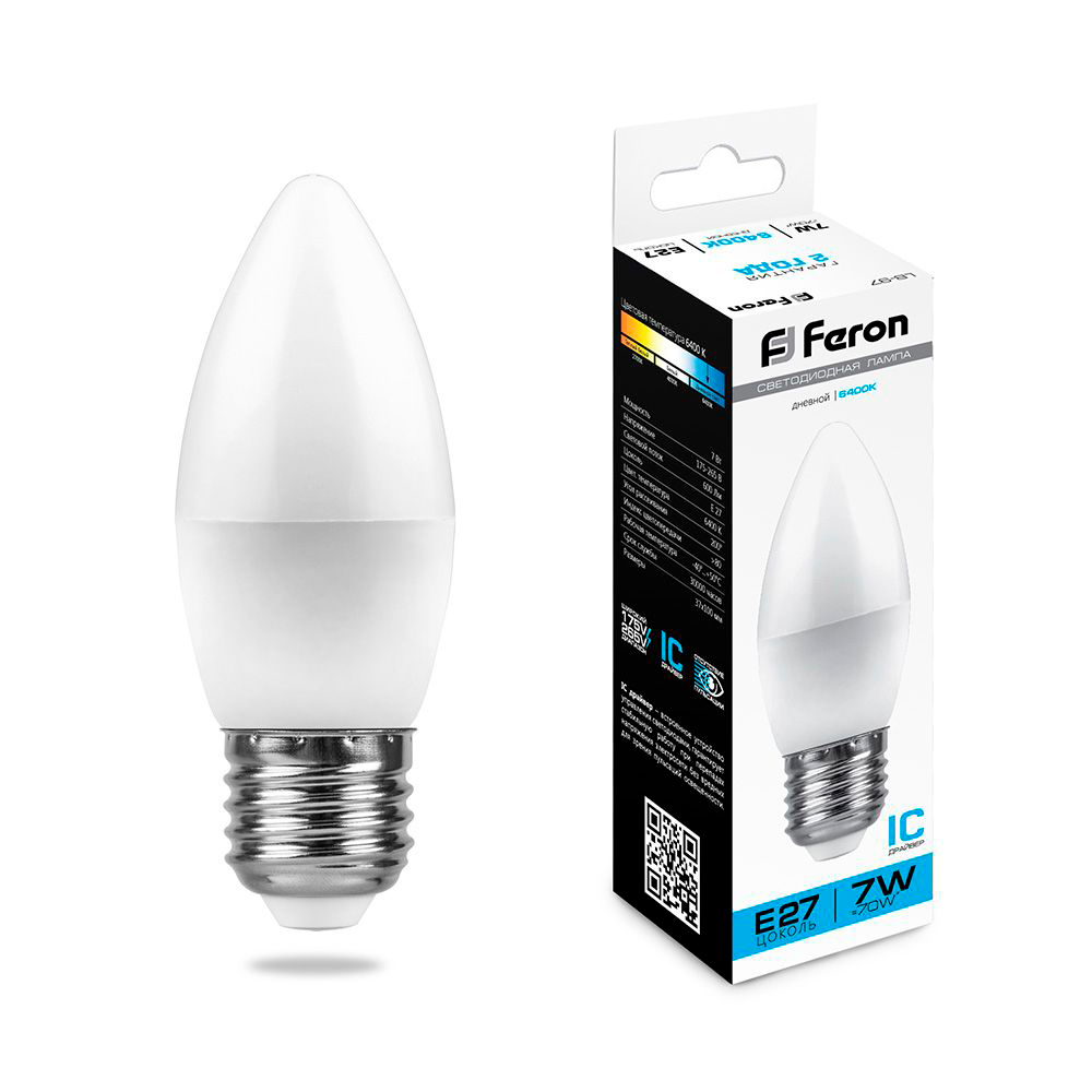 Лампа светодиодная Feron E27 7W 6400K Свеча Матовая LB-97 25883