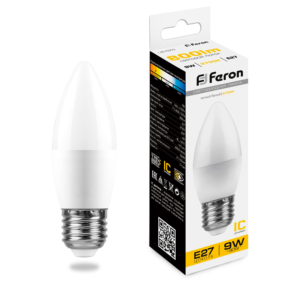 Лампа светодиодная Feron E27 9W 2700K Свеча Матовая LB-570 25936