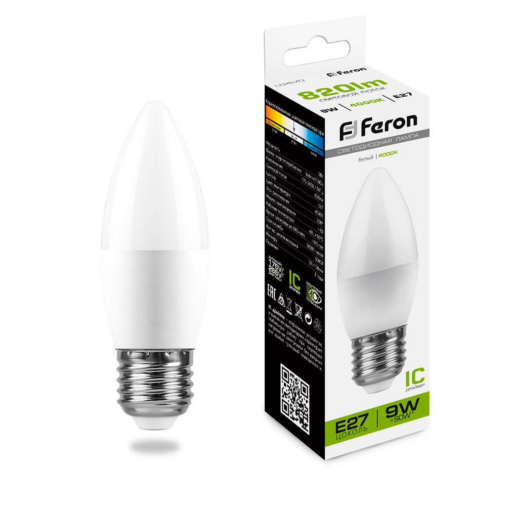 Лампа светодиодная Feron E27 9W 4000K Свеча Матовая LB-570 25937