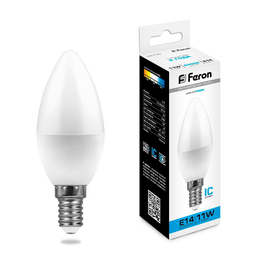Лампа светодиодная Feron E14 11W 6400K Свеча Матовая LB-770 25943