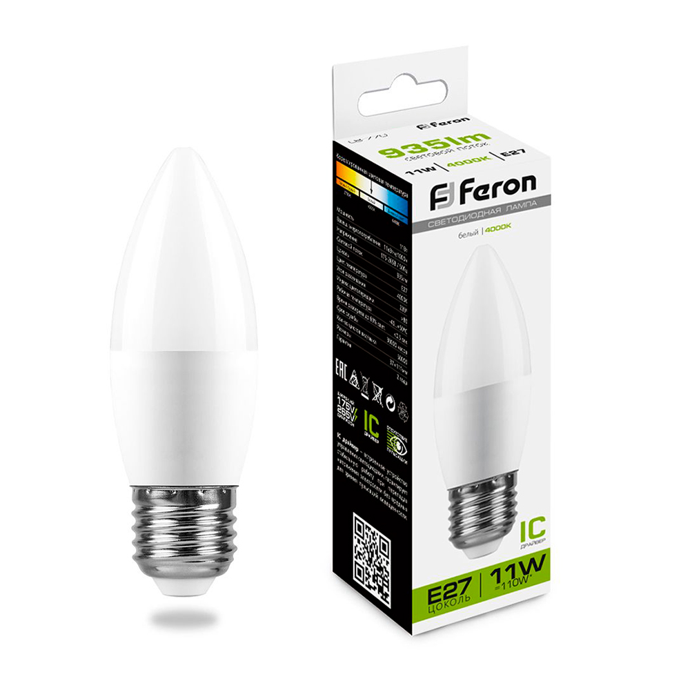 Лампа светодиодная Feron E27 11W 4000K Свеча Матовая LB-770 25944