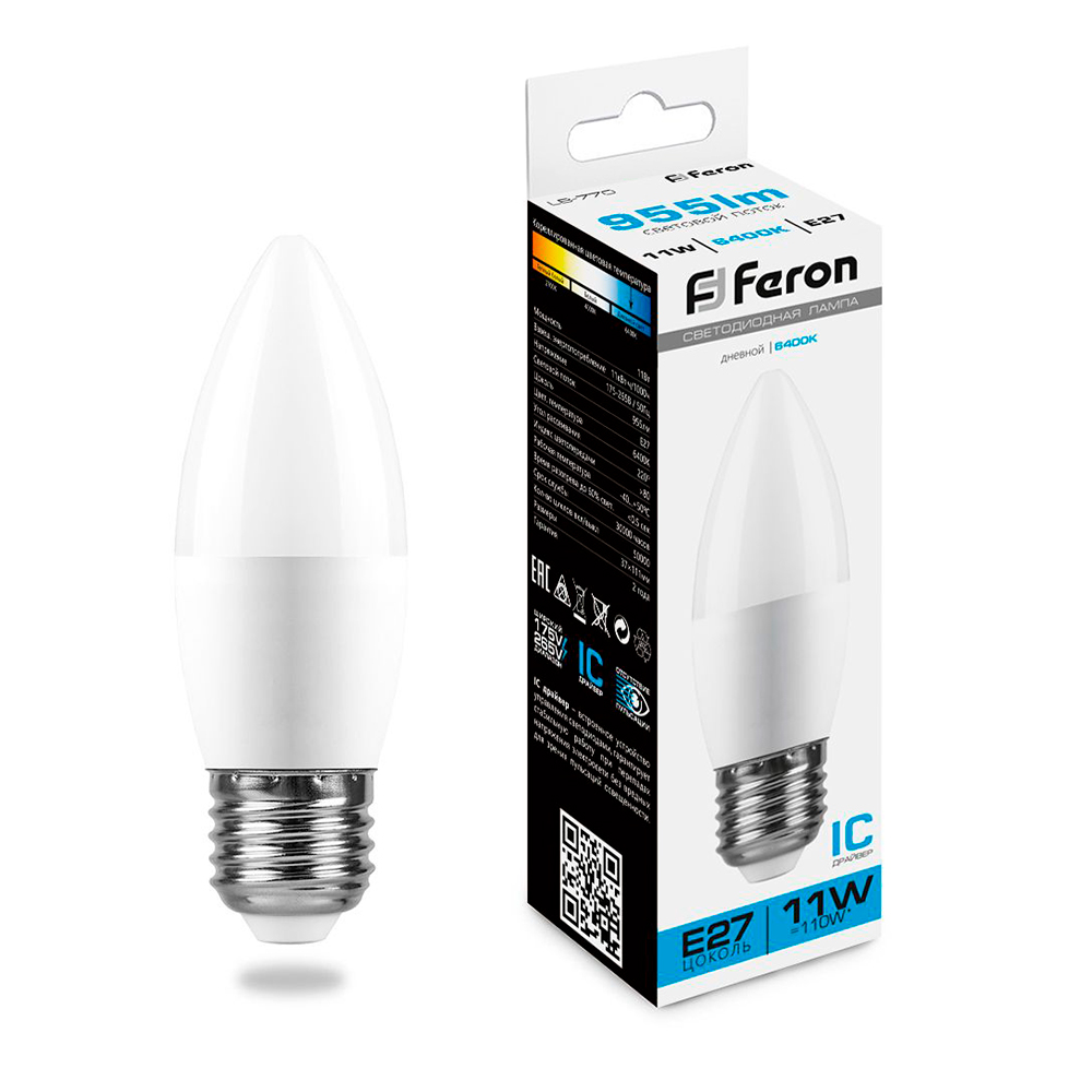 Лампа светодиодная Feron E27 11W 6400K Свеча Матовая LB-770 25945