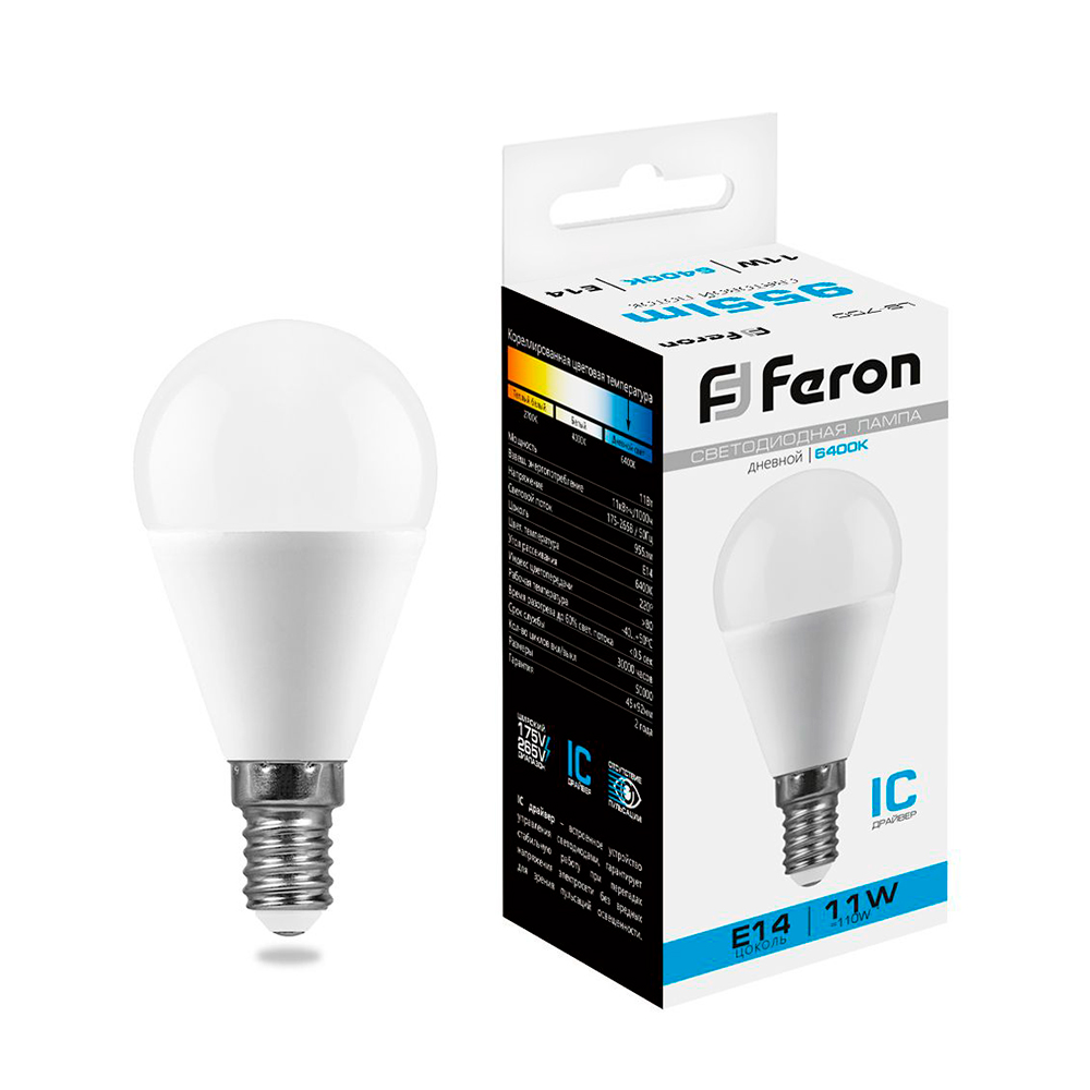 Лампа светодиодная Feron E14 11W 6400K Шар Матовая LB-750 25948