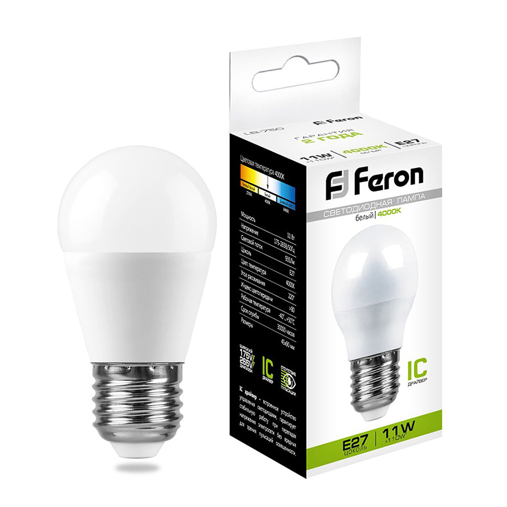 Лампа светодиодная Feron E27 11W 4000K Шар Матовая LB-750 25950