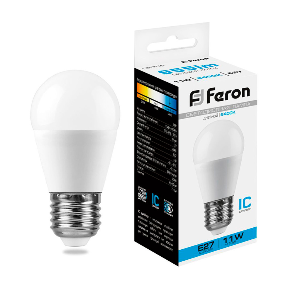Лампа светодиодная Feron E27 11W 6400K Шар Матовая LB-750 25951