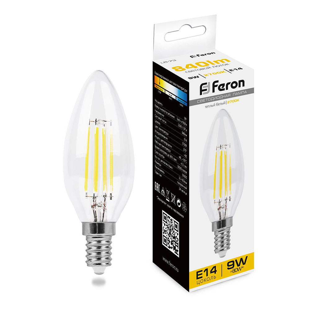 Лампа светодиодная филаментная Feron E14 9W 2700K Свеча Прозрачная LB-73 25956