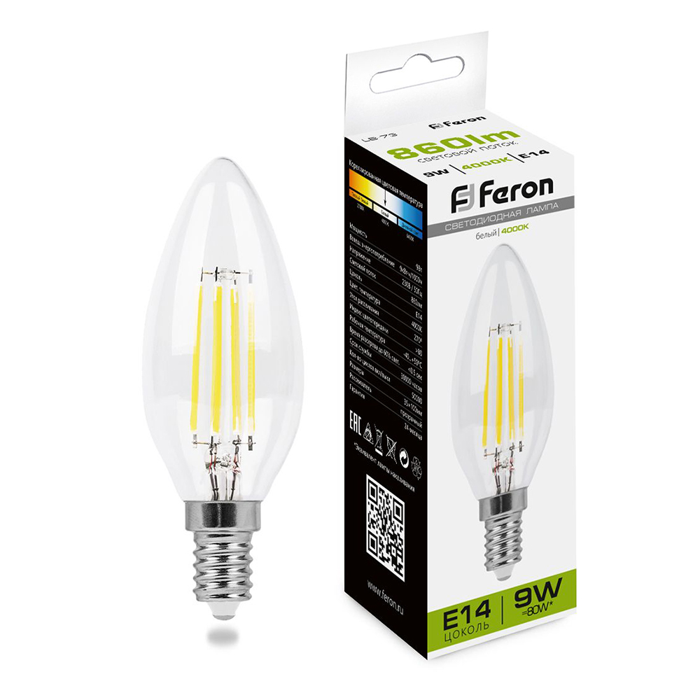 Лампа светодиодная филаментная Feron E14 9W 4000K Свеча Прозрачная LB-73 25958