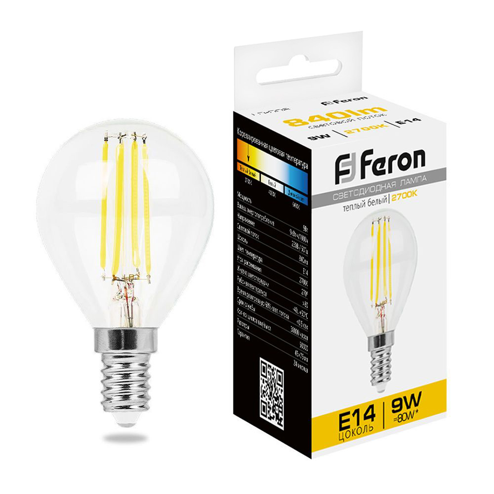 Лампа светодиодная филаментная Feron E14 9W 2700K Шар Прозрачная LB-509 38001