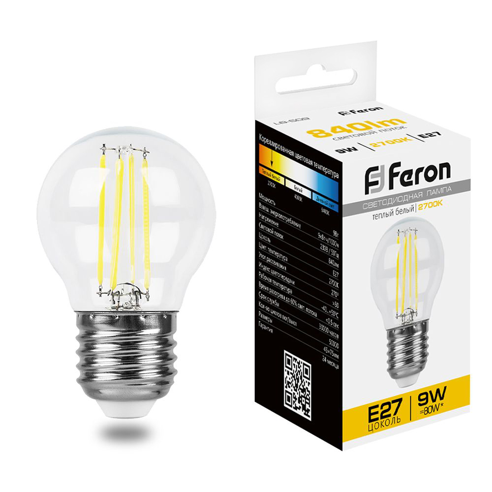 Лампа светодиодная филаментная Feron E27 9W 2700K Шар Прозрачная LB-509 38003