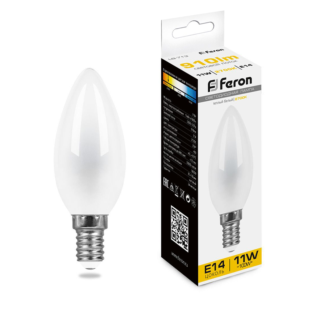 Лампа светодиодная Feron E14 11W 2700K Свеча Матовая LB-713 38005