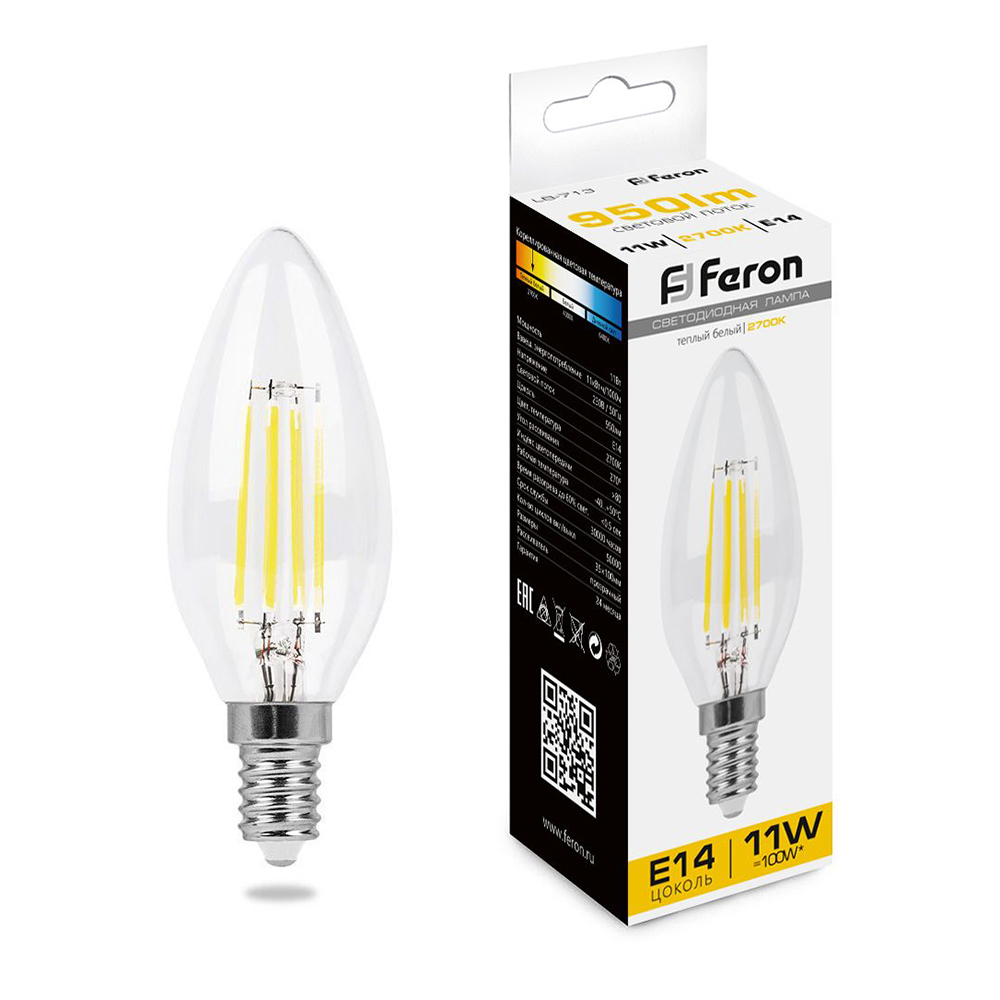 Лампа светодиодная филаментная Feron E14 11W 2700K Свеча Прозрачная LB-713 38006