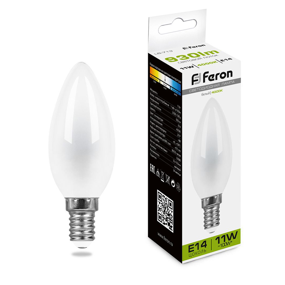 Лампа светодиодная Feron E14 11W 4000K Свеча Матовая LB-713 38007
