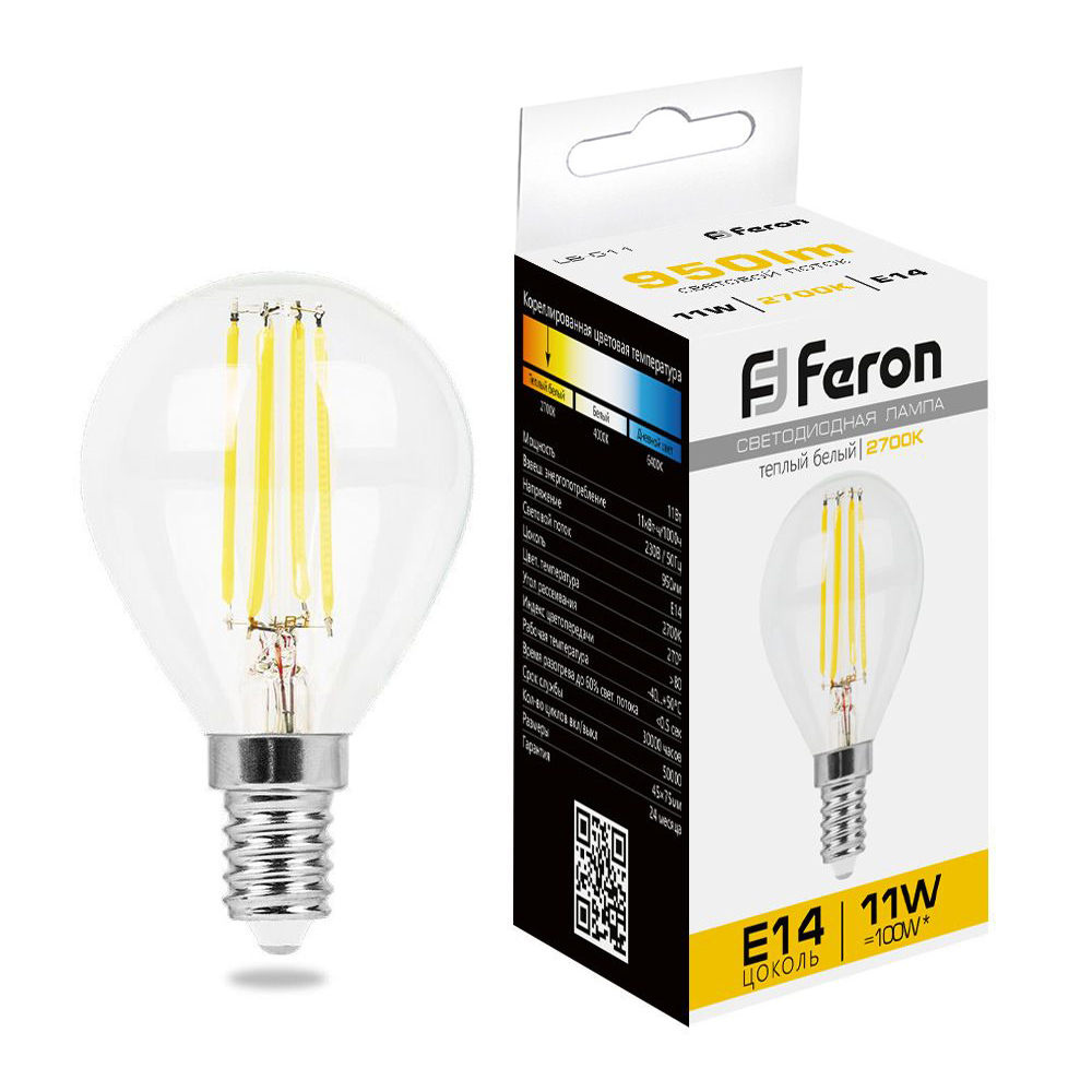 Лампа светодиодная филаментная Feron E14 11W 2700K Шар Прозрачная LB-511 38013