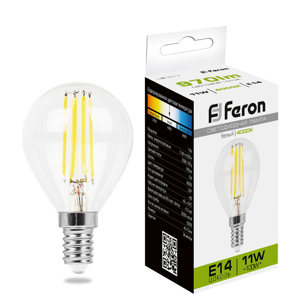 Лампа светодиодная филаментная Feron E14 11W 4000K Шар Прозрачная LB-511 38014