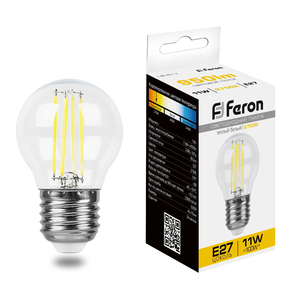 Лампа светодиодная филаментная Feron E27 11W 2700K Шар Прозрачная LB-511 38015
