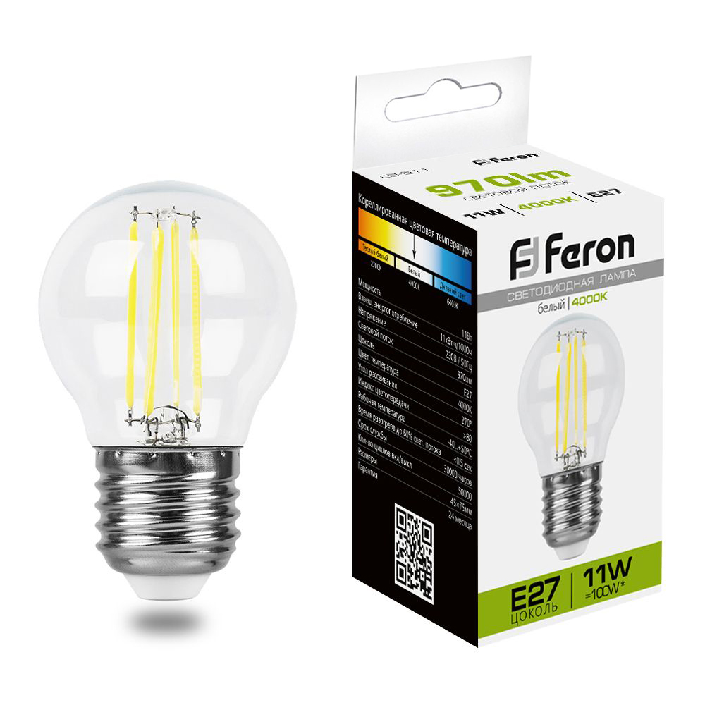 Лампа светодиодная филаментная Feron E27 11W 4000K Шар Прозрачная LB-511 38016