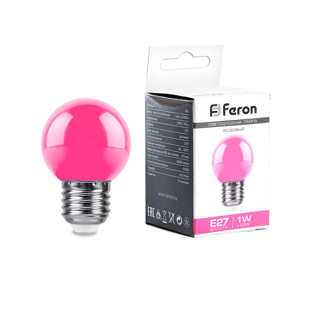 Лампа светодиодная Feron E27 1W RGB розовый LB-37 38123
