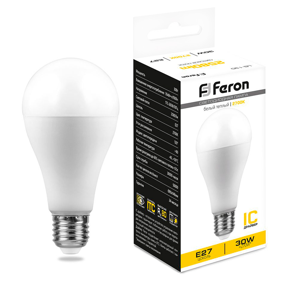 Лампа светодиодная Feron E27 30W 2700K матовая LB-130 38194