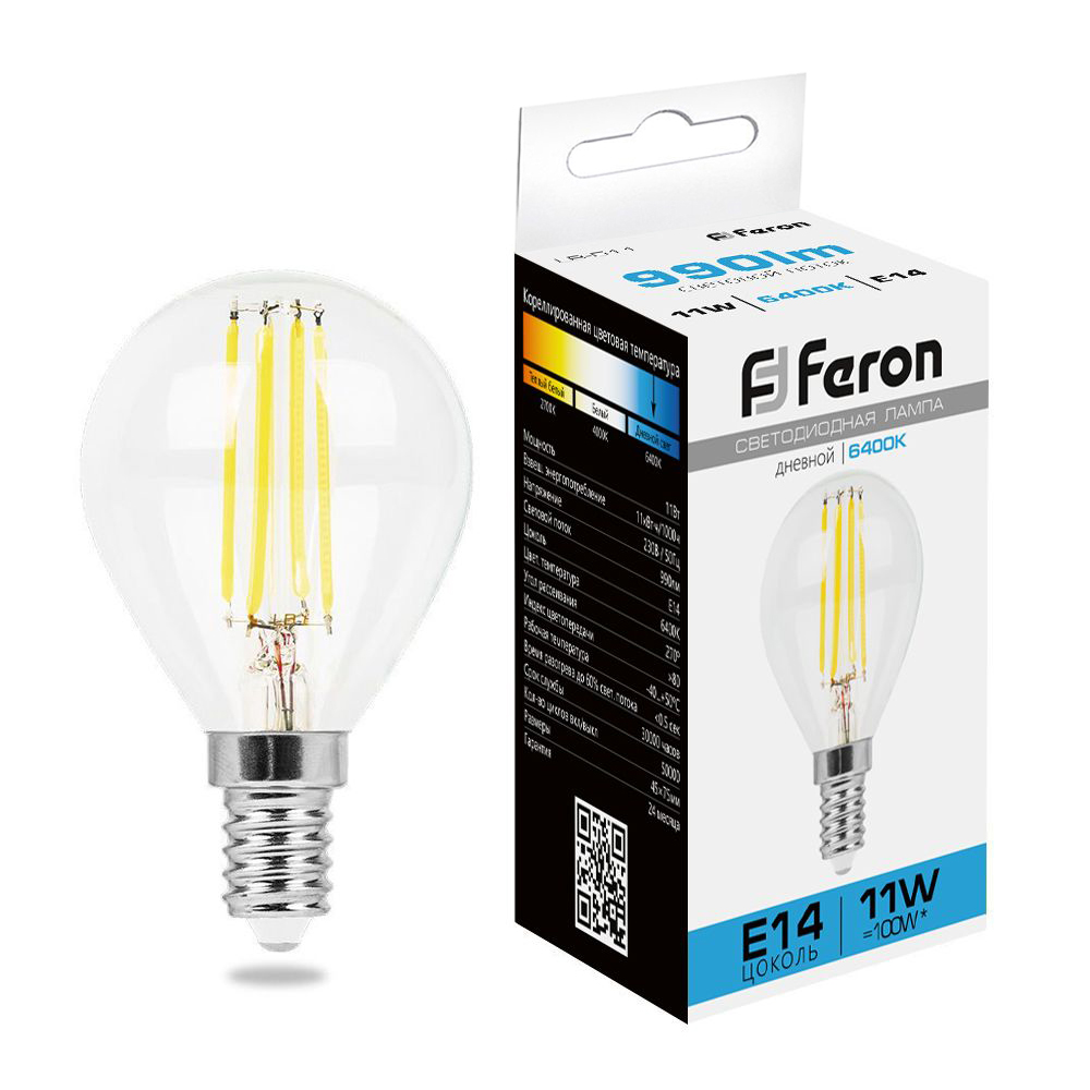 Лампа светодиодная филаментная Feron E14 11W 6400K прозрачная LB-511 38225