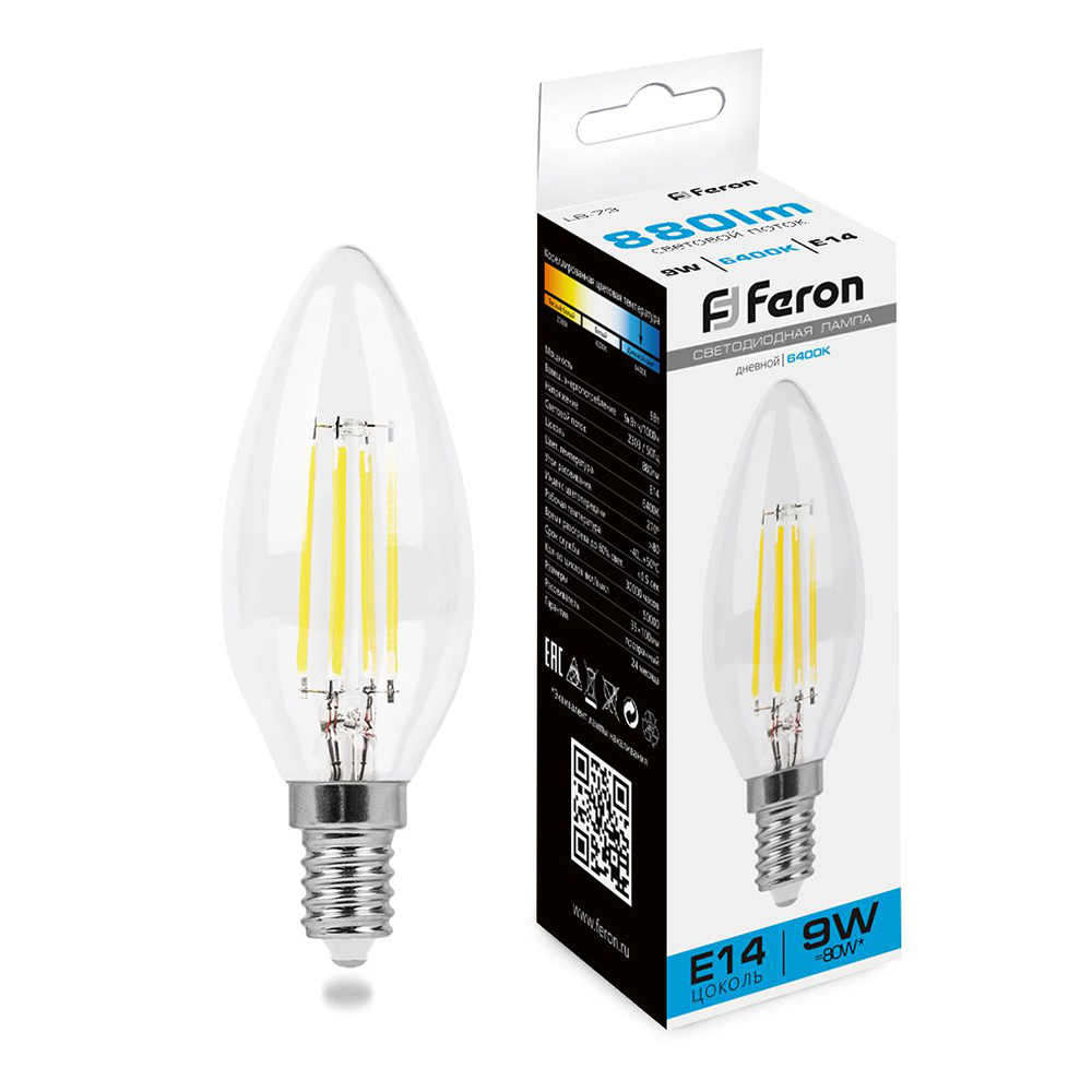 Лампа светодиодная филаментная Feron E14 9W 6400K прозрачная LB-73 38229