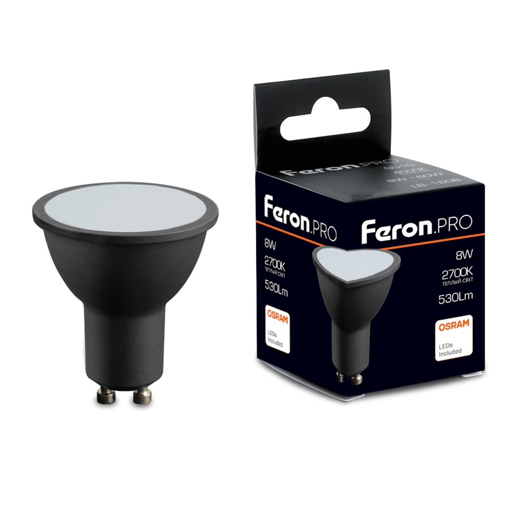 Лампа светодиодная Feron GU10 8W 2700K черная LB-1608 48958