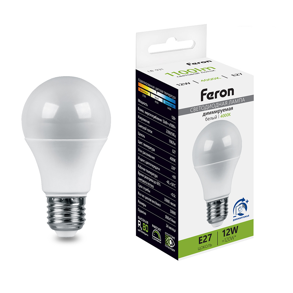 Лампа светодиодная диммируемая Feron E27 12W 4000K матовая 51053