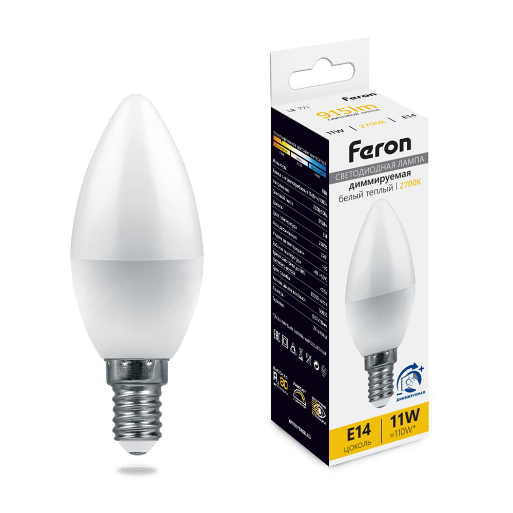 Лампа светодиодная диммируемая Feron E14 11W 2700K матовая LB-771 51055