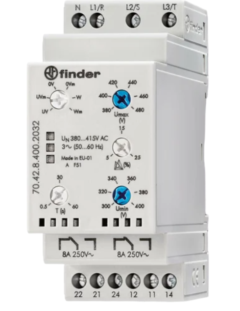 Реле контрольное FINDER 70 для 3-фазных сетей пониженное/повышенное напряжение обрыв/чередование/асимметрия фаз контроль нейтрали настраиваемые диапазоны выход 2CO 8А 35мм IP20 купить с доставкой по РФ
