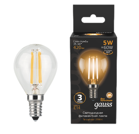 Лампа светодиодная филаментная GAUSS Black Filament 5Вт P45 шар 2700К теплый белый E14 420лм