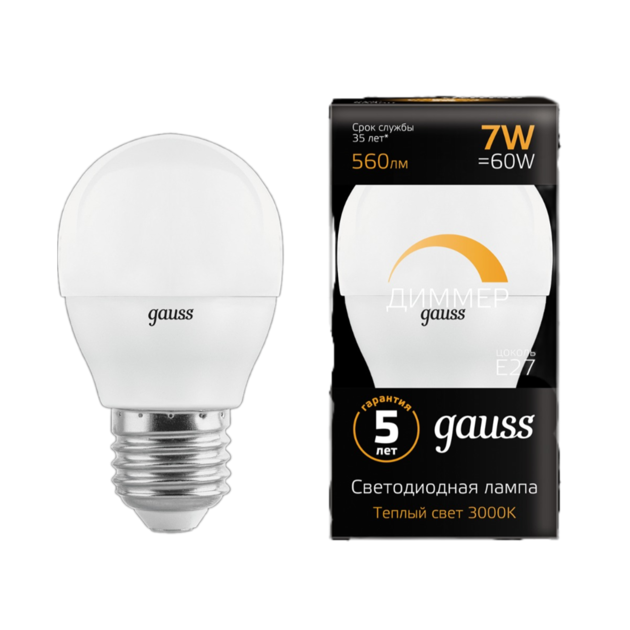 Лампа светодиодная диммируемая Gauss E27 7W 3000K матовая 105102107-D