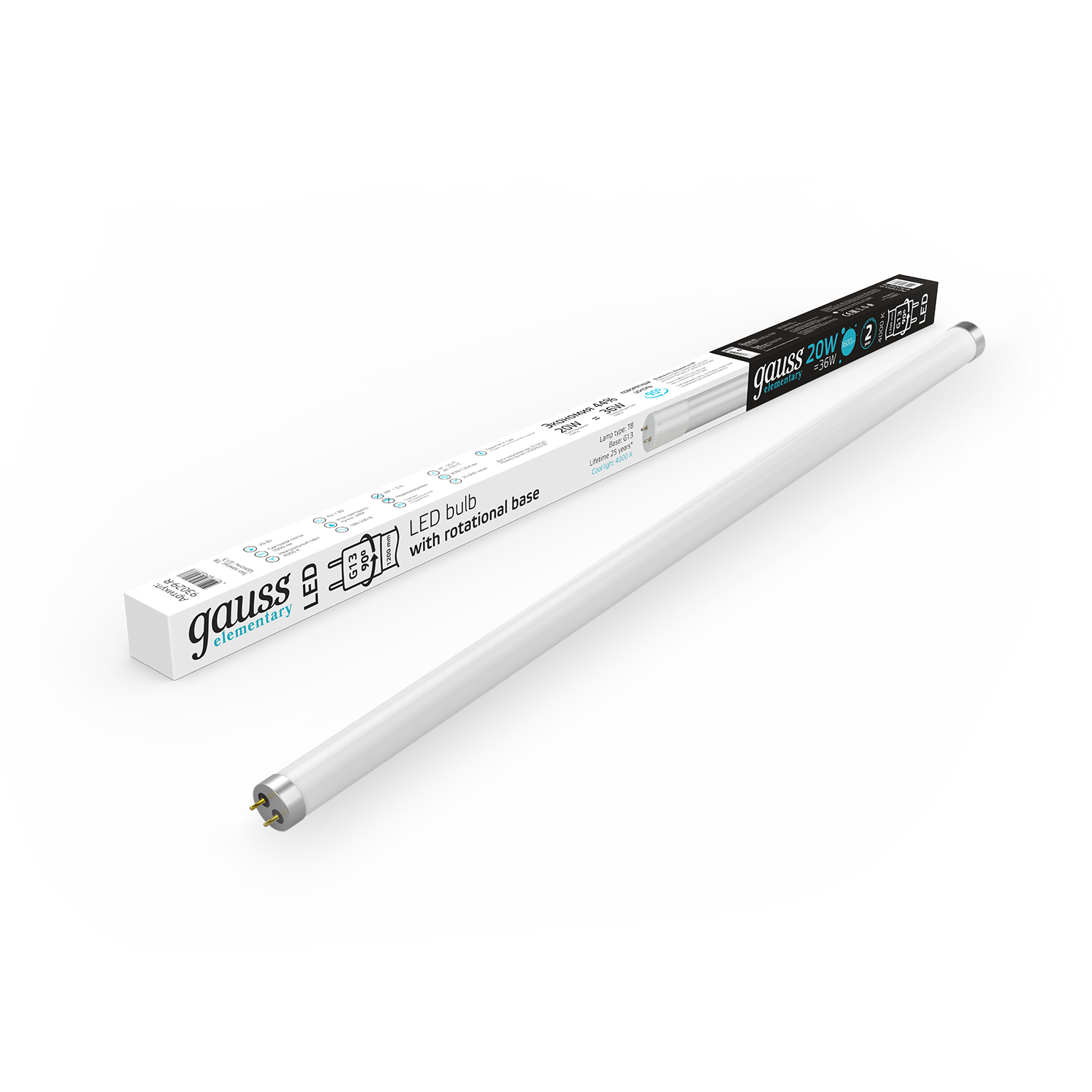 Лампа Gauss Elementary T8 20W 1560lm 4000K G13 1200mm стекло поворотная LED