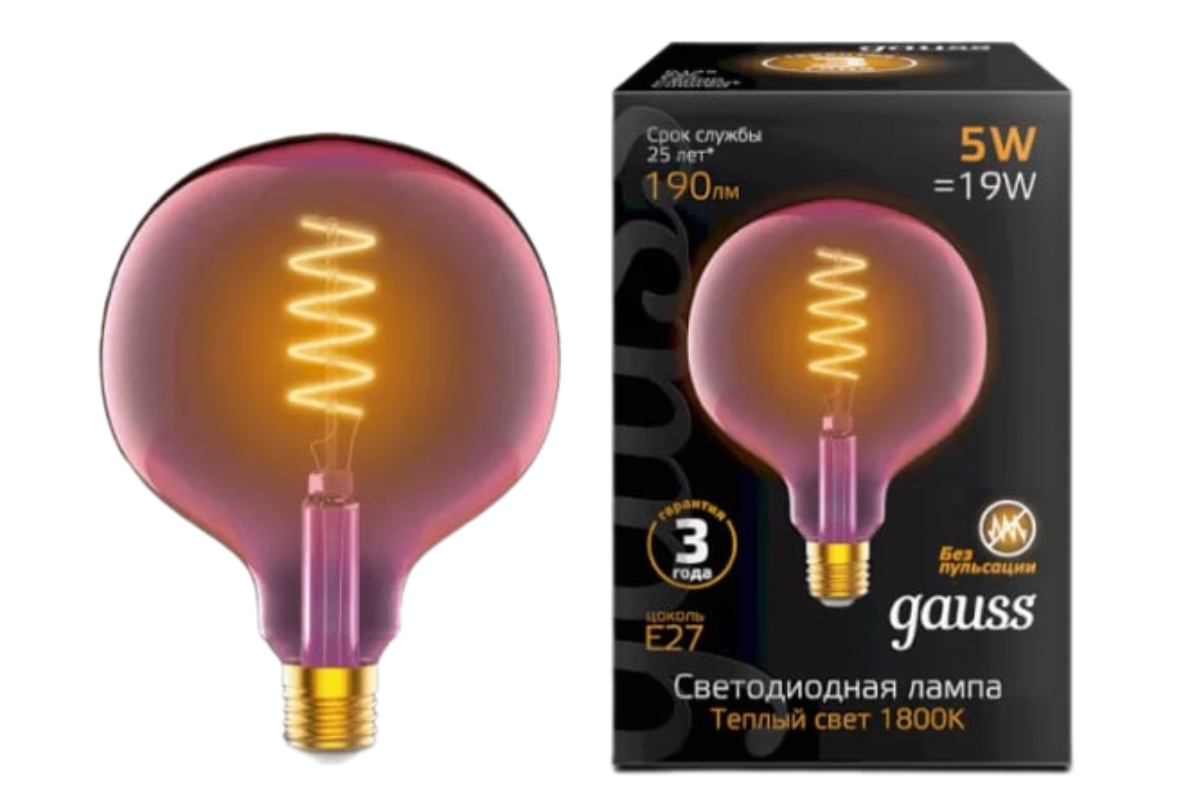 Лампа светодиодная диммируемая филаментная Gauss E27 5W 1800K розовая 1011802105 купить с доставкой по РФ