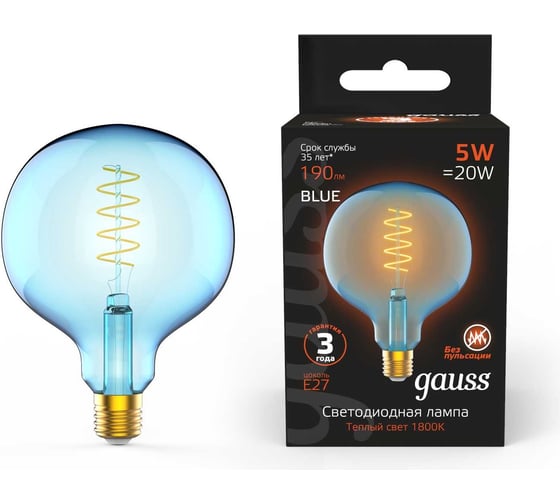 Лампа светодиодная диммируемая филаментная Gauss E27 5W 1800K синяя 1013802105