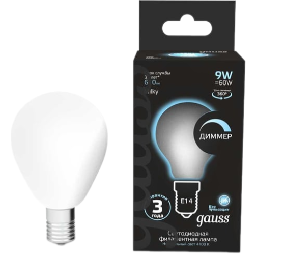 Лампа матовая светодиодная филаментная диммируемая Gauss E14 9W 4100К
