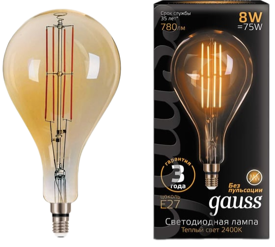 Лампа светодиодная филаментная Gauss E27 8W 2400K золотая 149802008 купить с доставкой по РФ