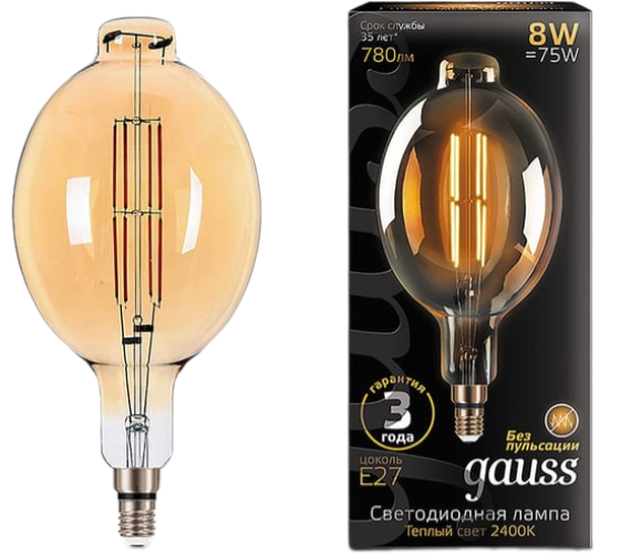 Лампа светодиодная филаментная Gauss E27 8W 2400K золотая 151802008